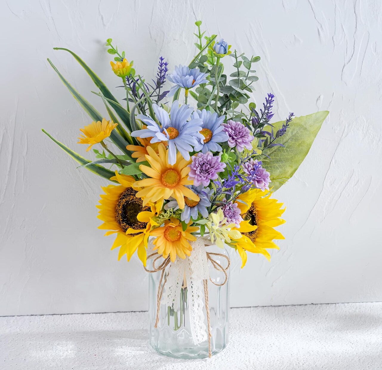 Summer Artificial Sunflower with Vase – Silk Blue Daisy Flower Arrangement
